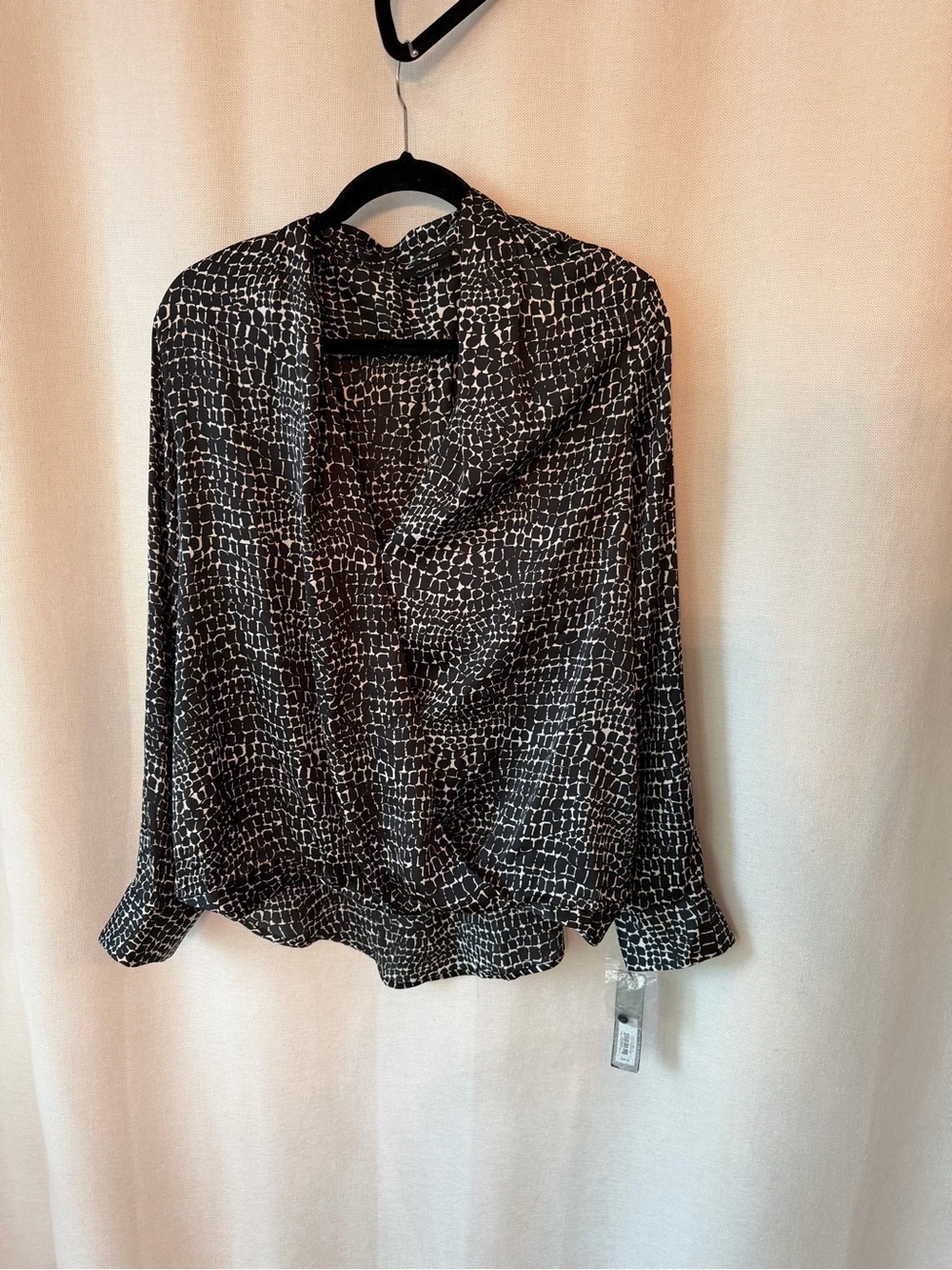 Satiny Black & White Patterned Draped Front Women's Blouse